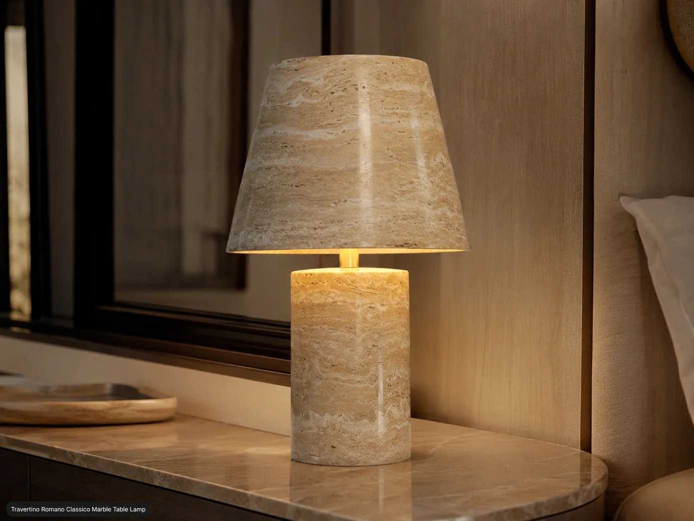 Polished Travertino Romano table lamp with honey-beige stone base, ivory bands and warm LED lighting.