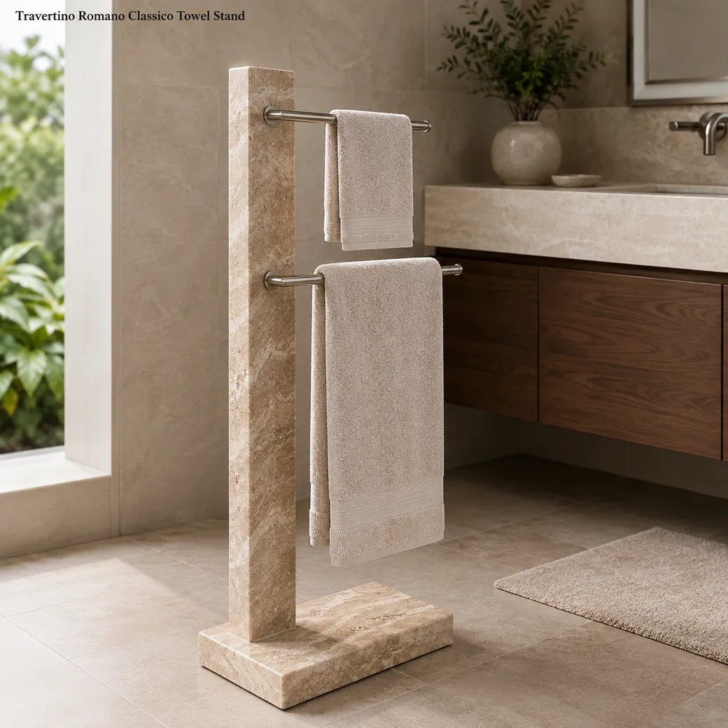 Brushed Travertino Romano towel stand with separate hand and bath towels beside a bathroom vanity.