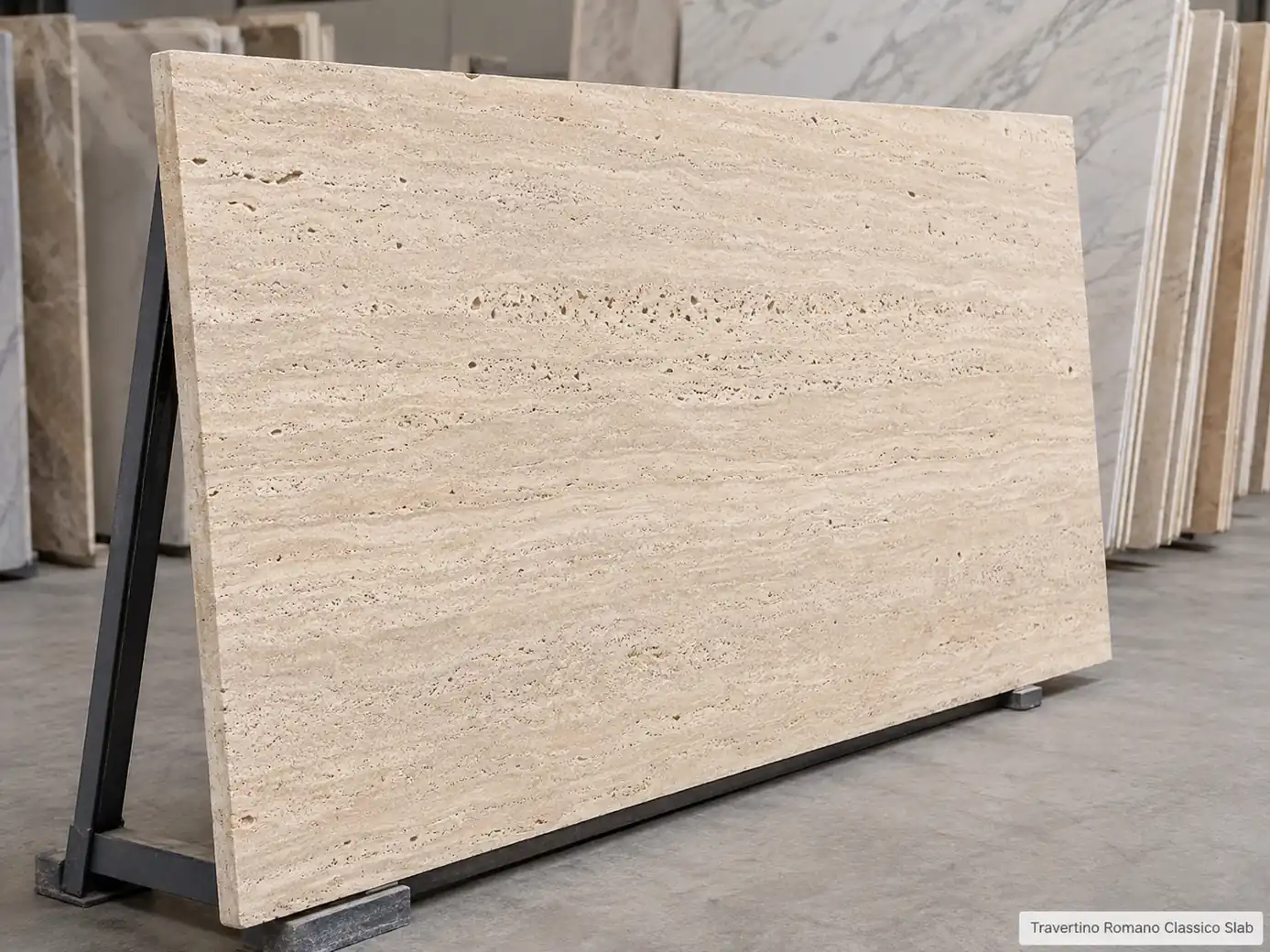 Brushed Travertino Romano slab displayed upright on an A-frame with visible linear banding and pores.