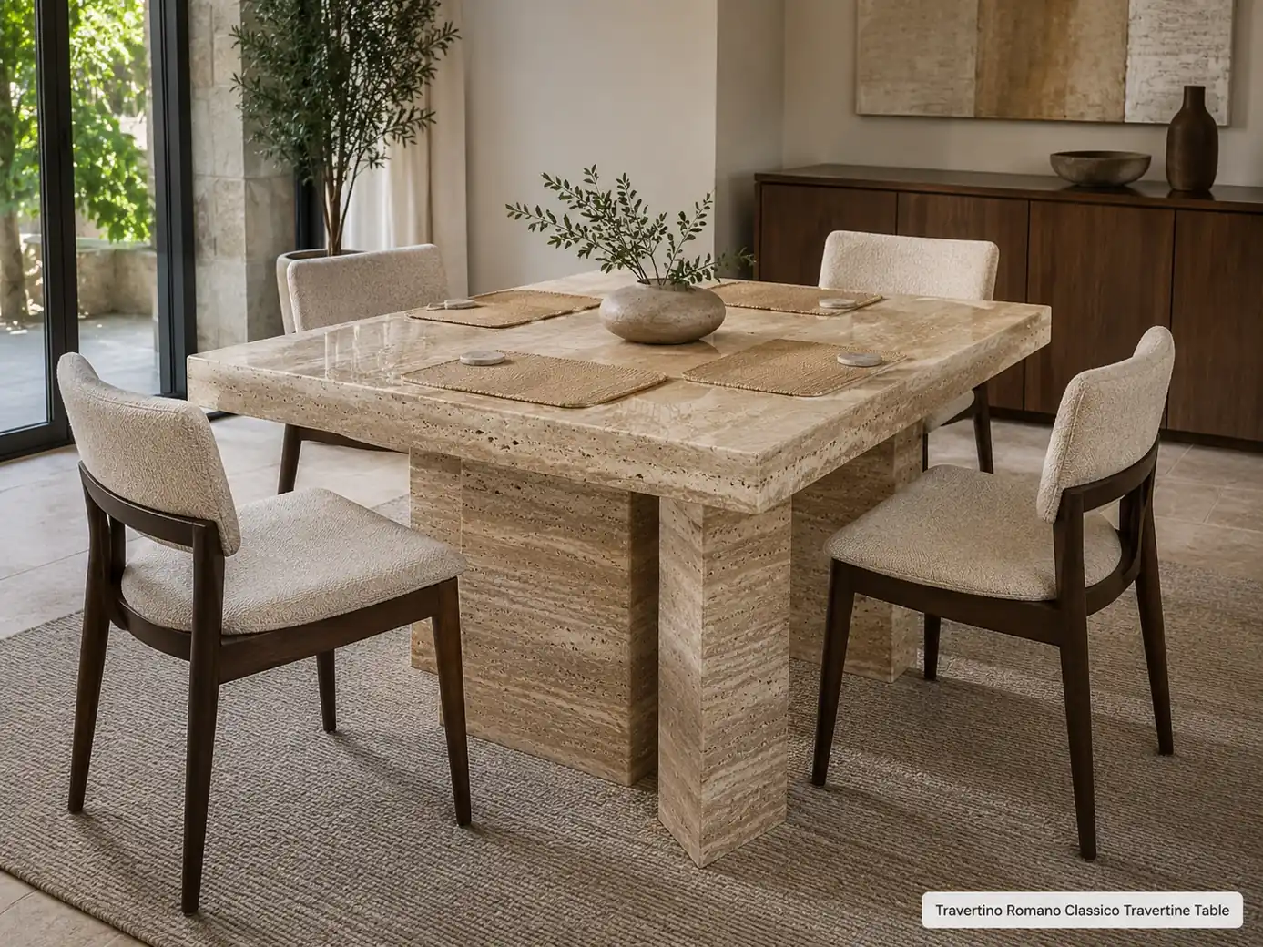 Polished Travertino Romano dining table with four chairs, placemats and a low central vase.