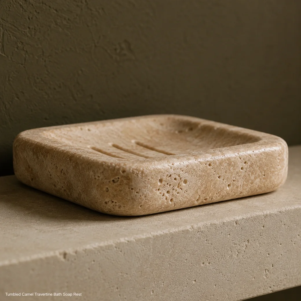 Low side macro of camel beige travertine soap dish with tumbled edges, pores and drainage grooves.