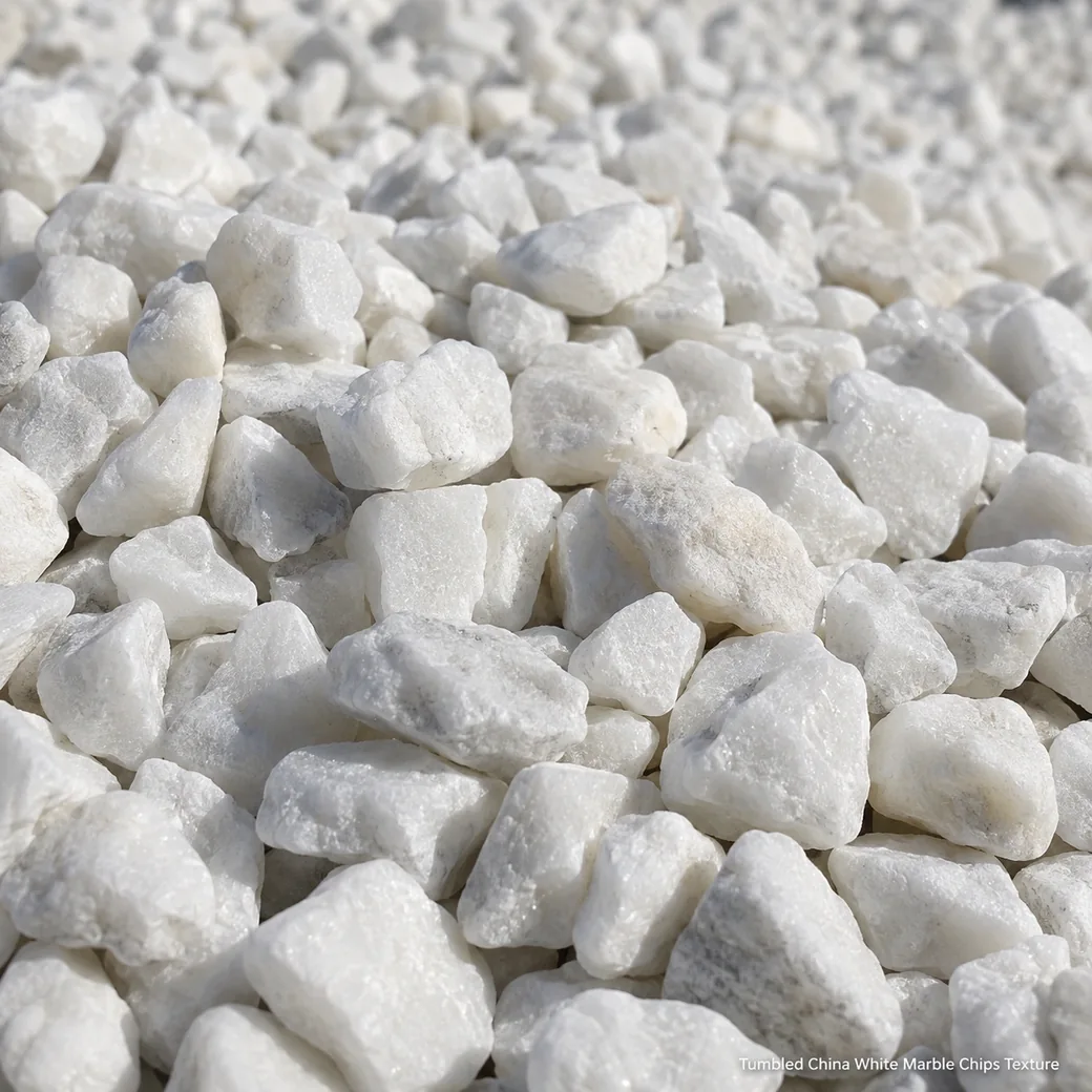 Natural tumbled China White marble chips showing bright white crushed-stone texture and varied shapes