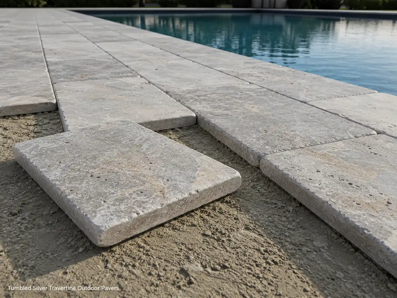 Silver travertine pavers installed beside a pool with one raised tile showing its 3 cm edge