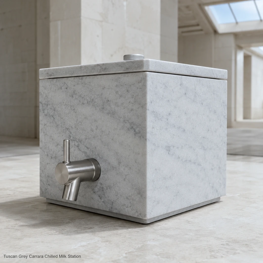 Tuscan Carrara milk server in limestone pavilion, low front-left view emphasizing tap, wall thickness and honed stone.