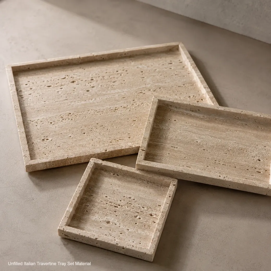 Unfilled brushed Italian Travertine tray set with warm stone-beige color and visible natural pores