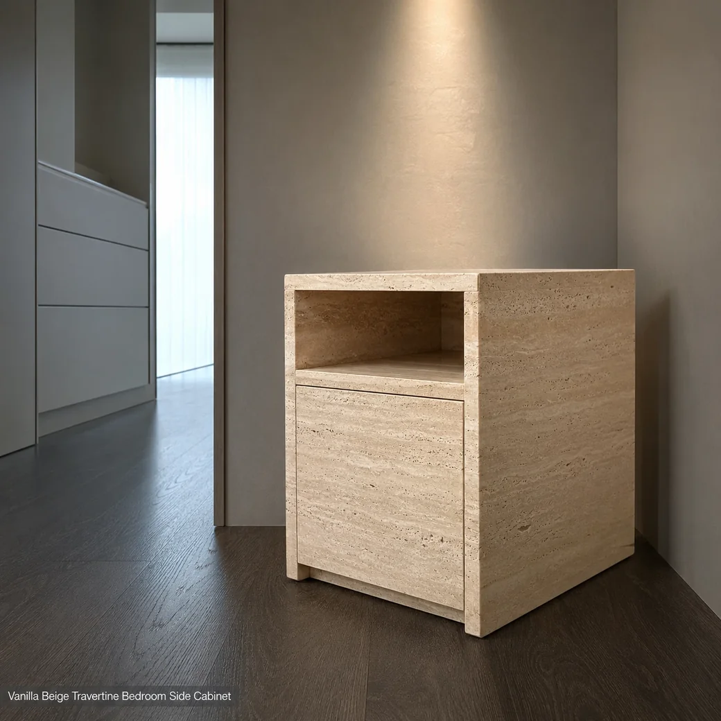 Vanilla beige travertine nightstand shown from a low front-right angle in a pale-grey alcove