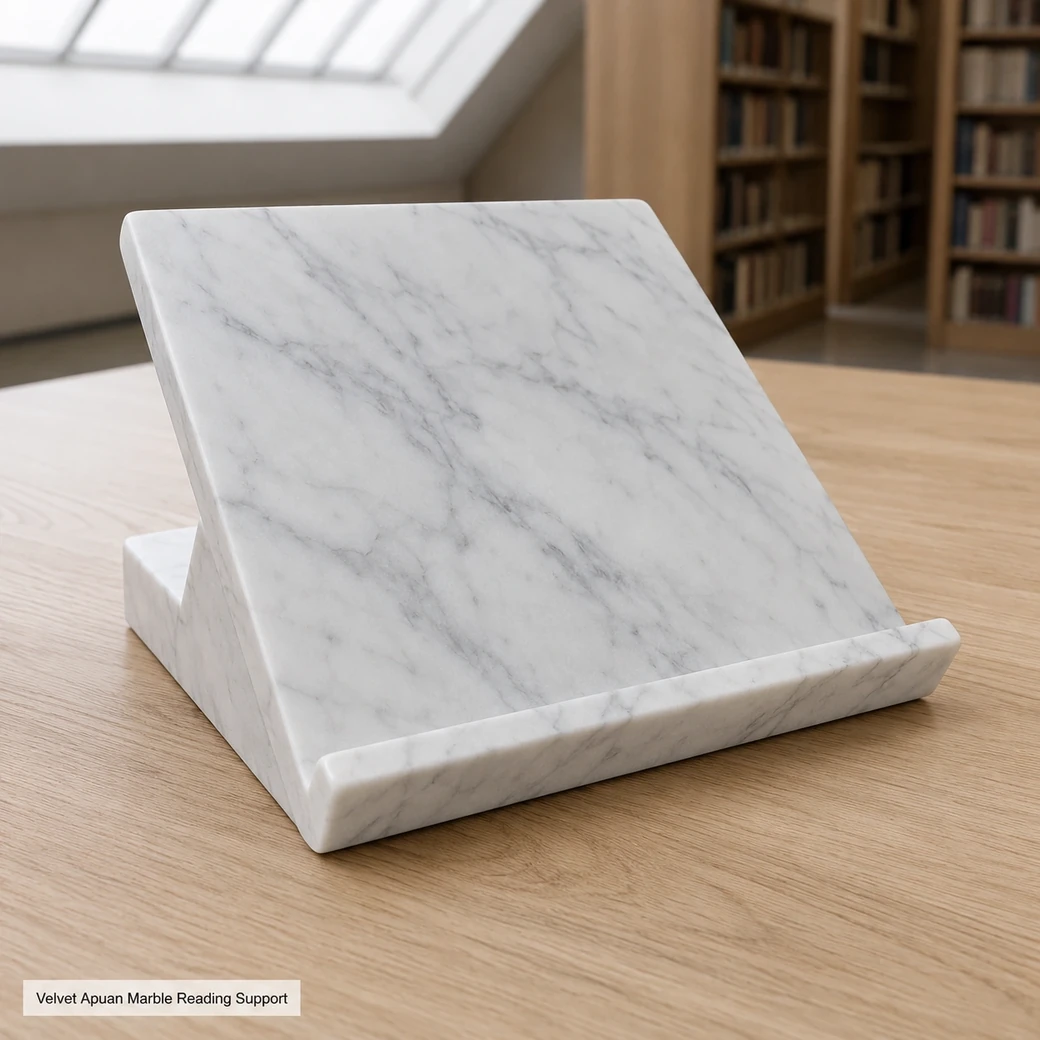 Apuan Carrara book stand on pale oak, high front view revealing sloped reading face and pale grey veins.