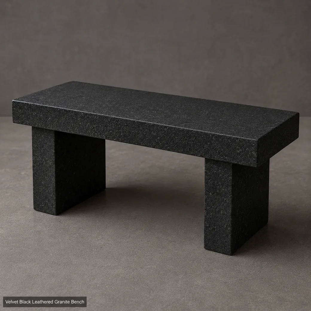 Velvet black Absolute Black granite bench with leathered stone finish