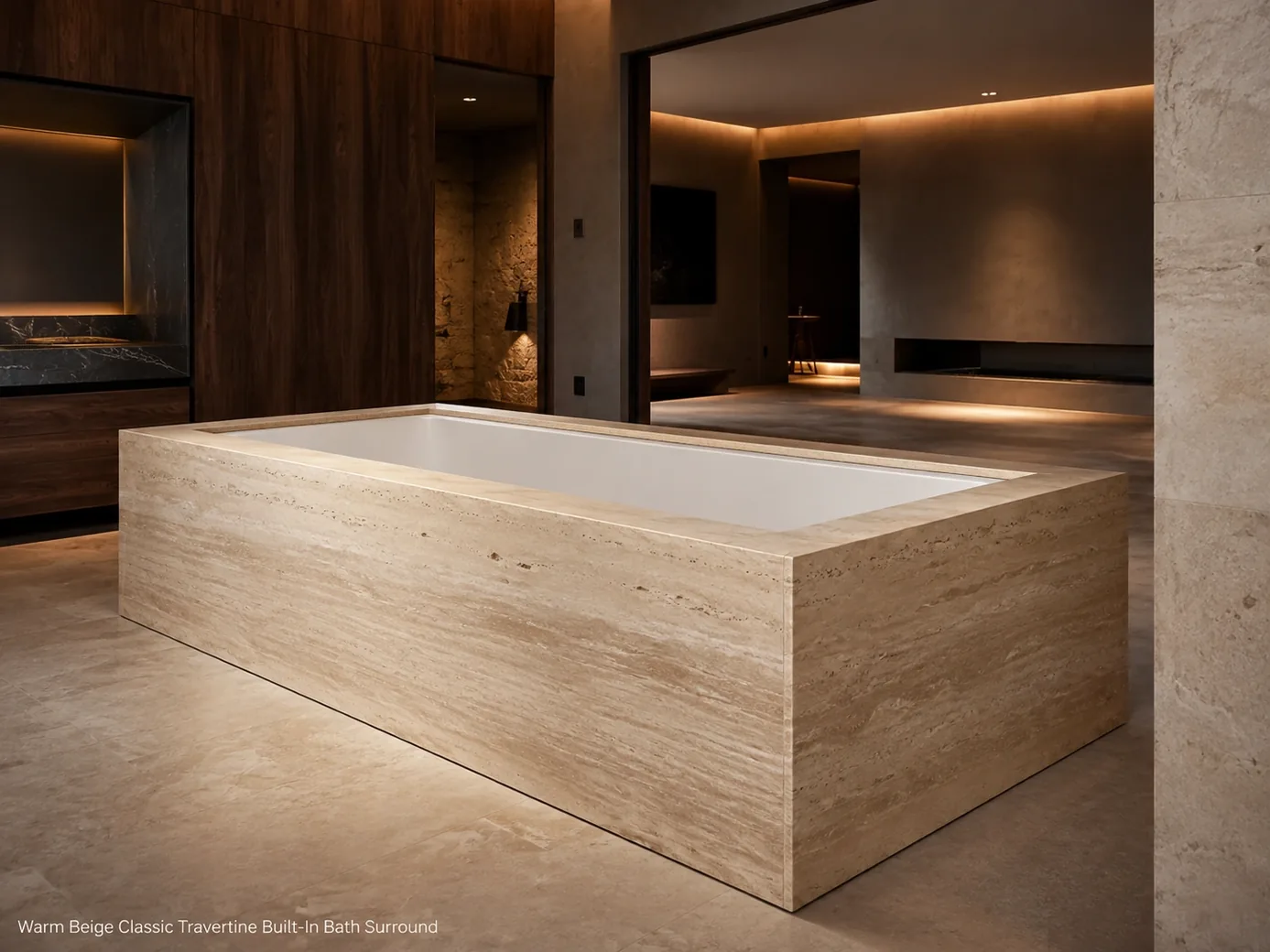Rear-angle classic travertine bath surround in dark walnut spa, highlighting warm beige panels and precise stone joints.