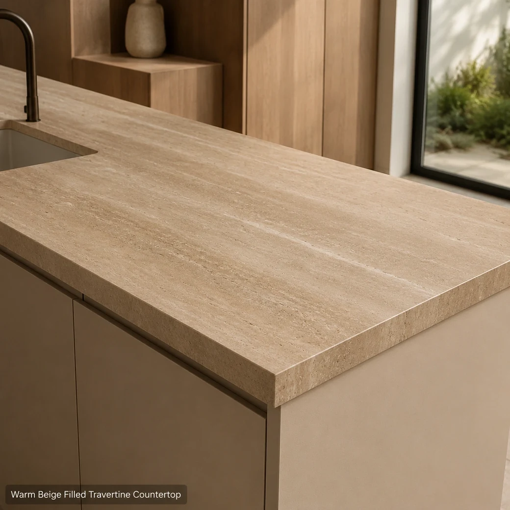 Filled Roman travertine countertop in warm beige with cream veining and honed finish