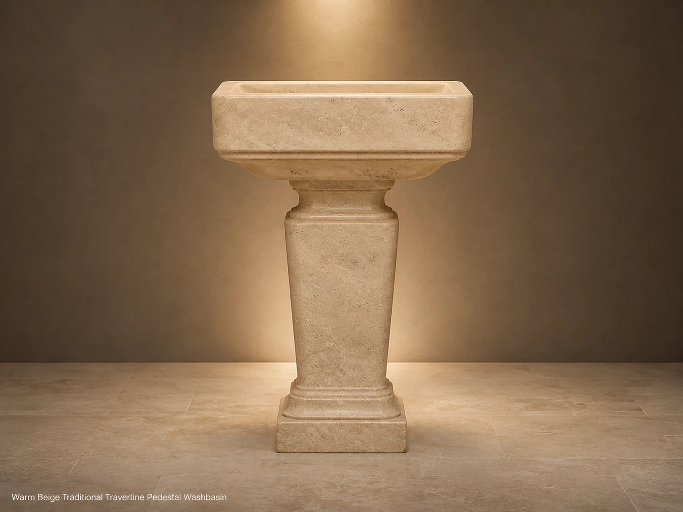 Traditional warm beige travertine pedestal washbasin shown straight-on against a deep taupe wall