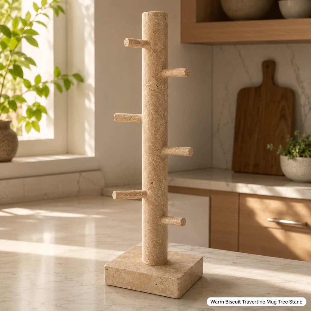 Warm biscuit travertine mug tree on breakfast bar, low rear view showing empty arms, pores and substantial stone base.