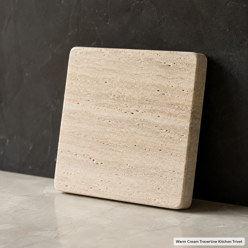 Warm cream travertine trivet leaning on charcoal backsplash, near-profile view showing brushed face and 2 cm edge.