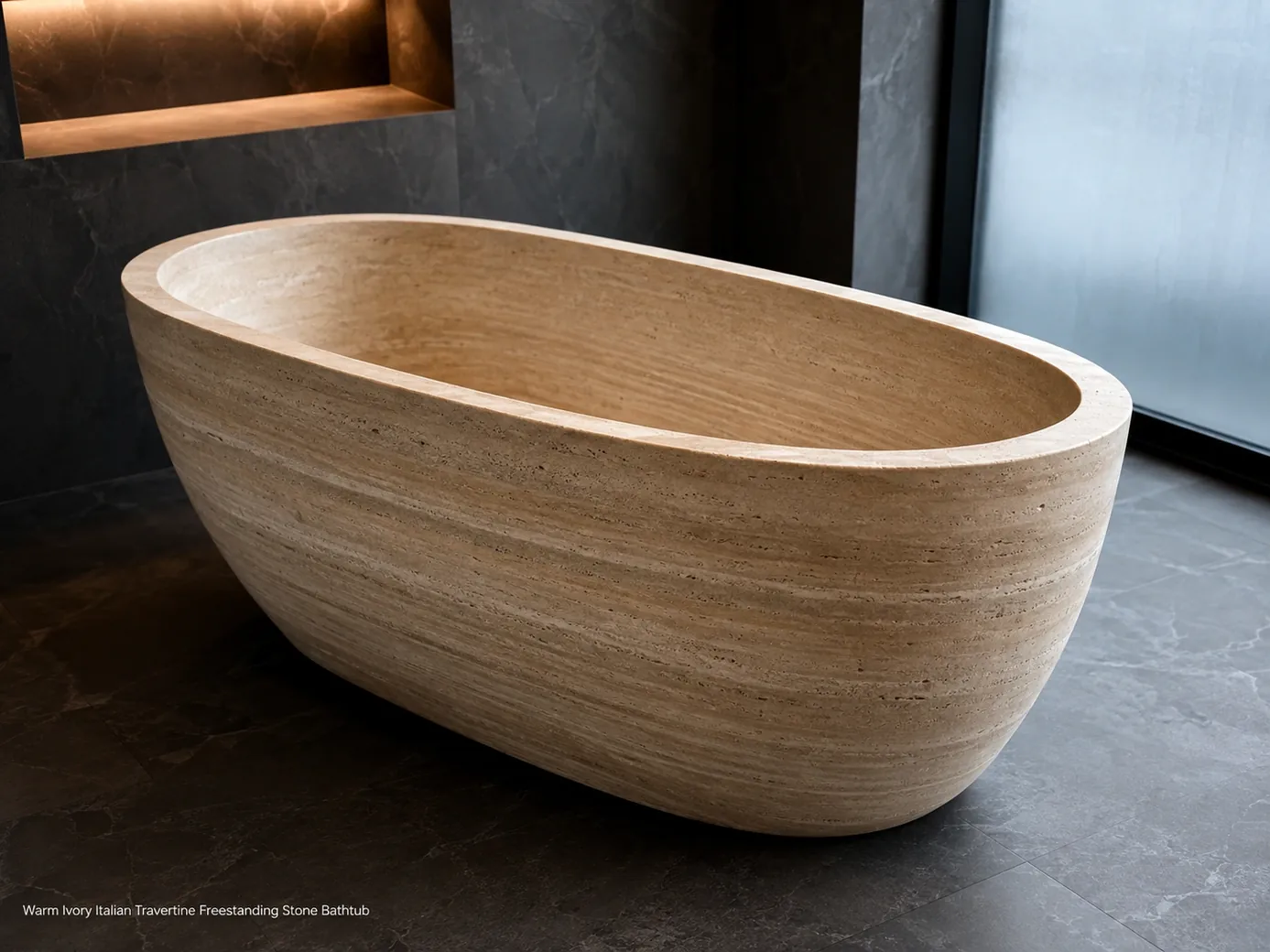 High-angle Italian travertine bathtub in dark spa interior, showing thick oval walls and warm ivory horizontal bands.