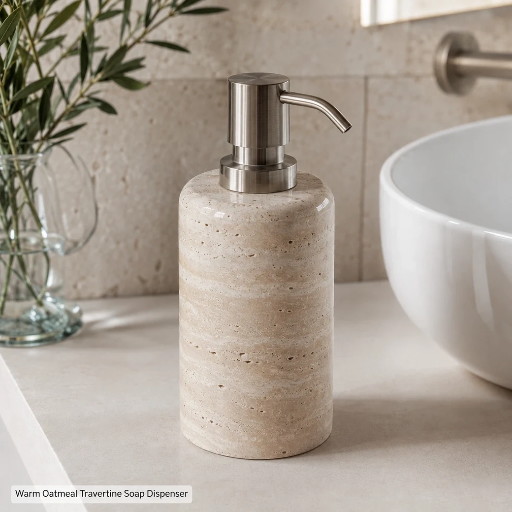 Warm oatmeal travertine soap dispenser with polished stone body and metal pump