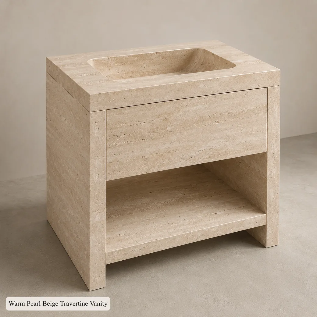 Warm pearl beige travertine bathroom vanity with integrated stone basin