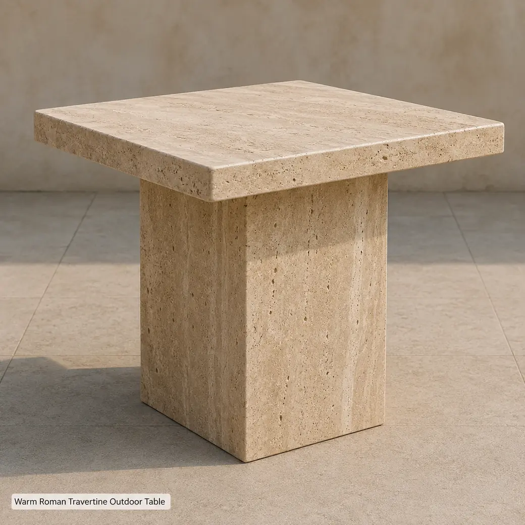Warm Roman beige travertine outdoor table with solid stone pedestal