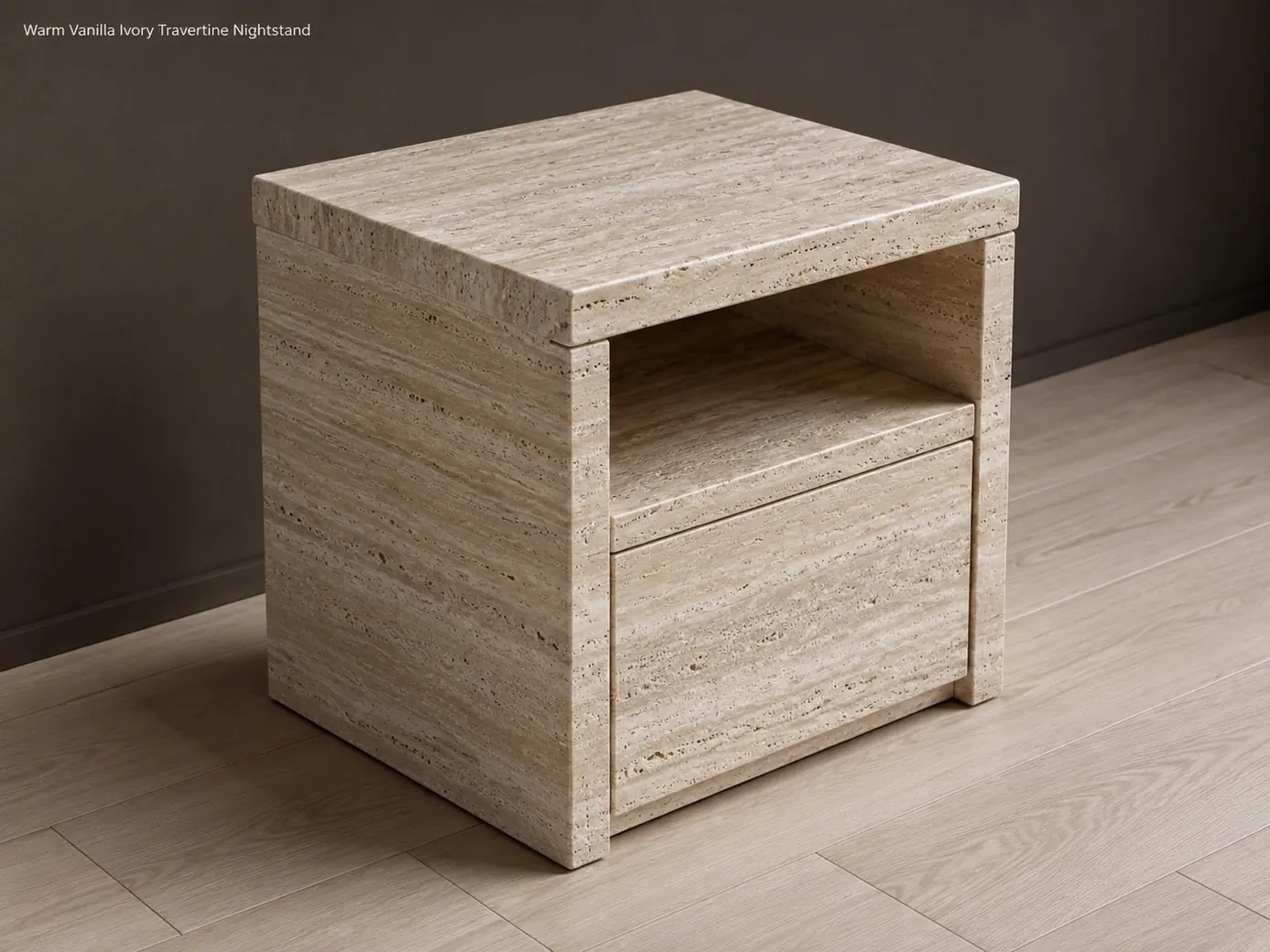 Warm vanilla ivory travertine nightstand against a dark wall, high rear view showing top banding and open shelf