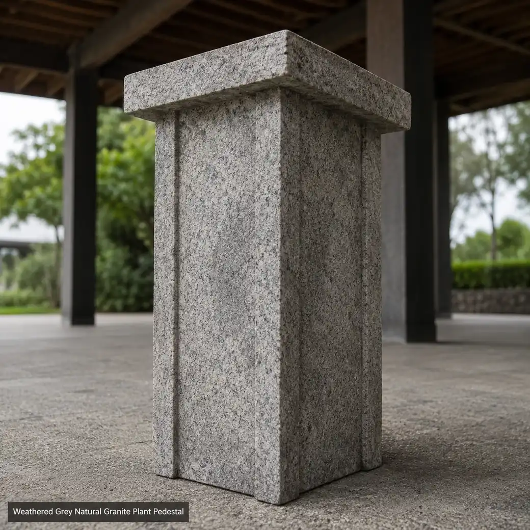Weathered grey granite plant pedestal in a covered courtyard, low upward view showing honed mineral texture