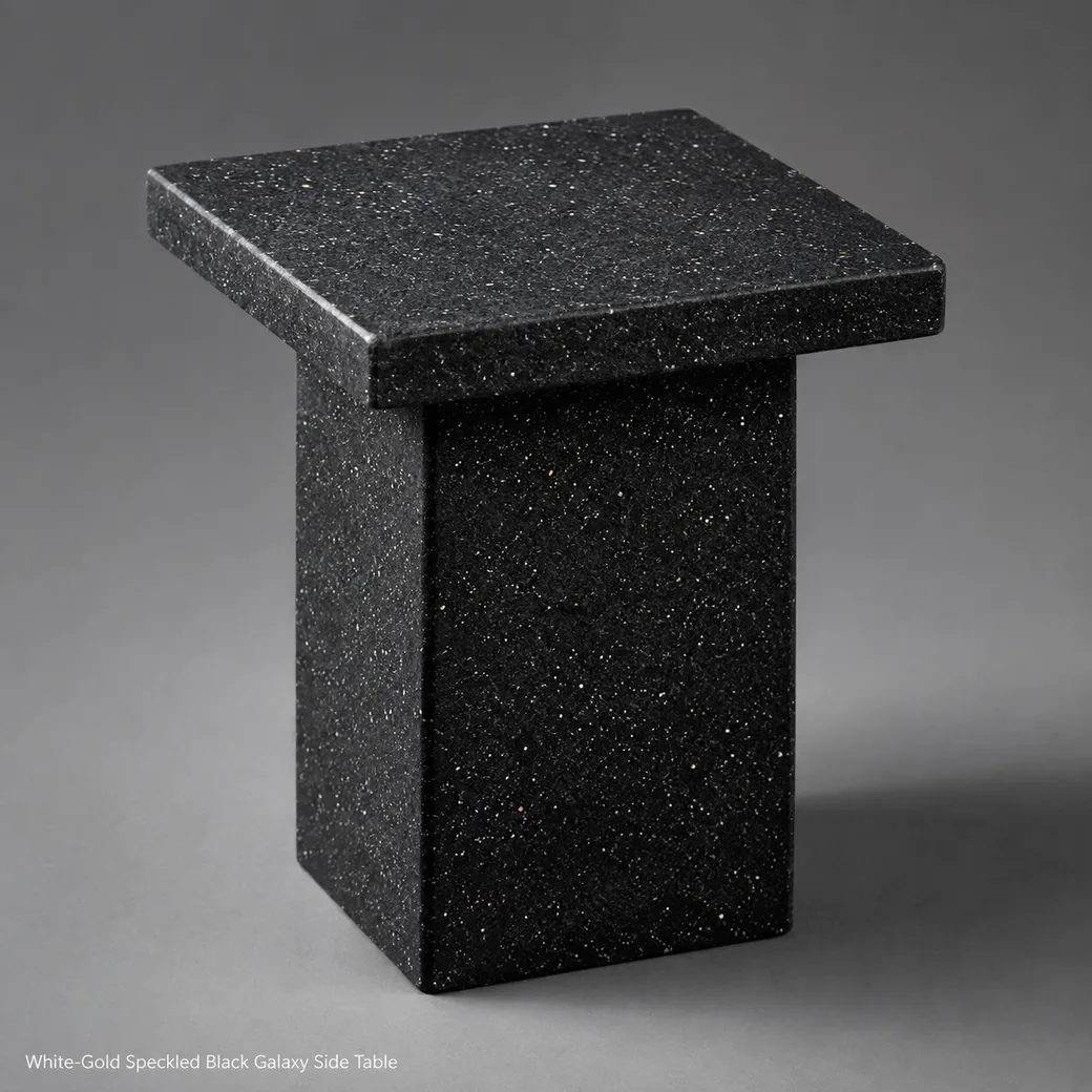 Black Galaxy granite side table with midnight black and white-gold specks