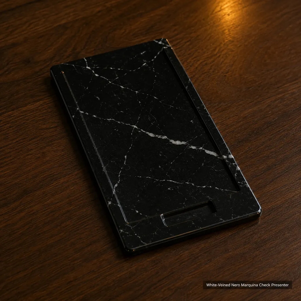 Nero Marquina check presenter on dark hospitality table, low angled view showing white veining and polished profile.