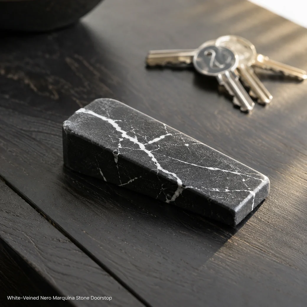 White-veined Nero Marquina doorstop on smoked oak console, top-down oblique view showing leathered wedge profile.