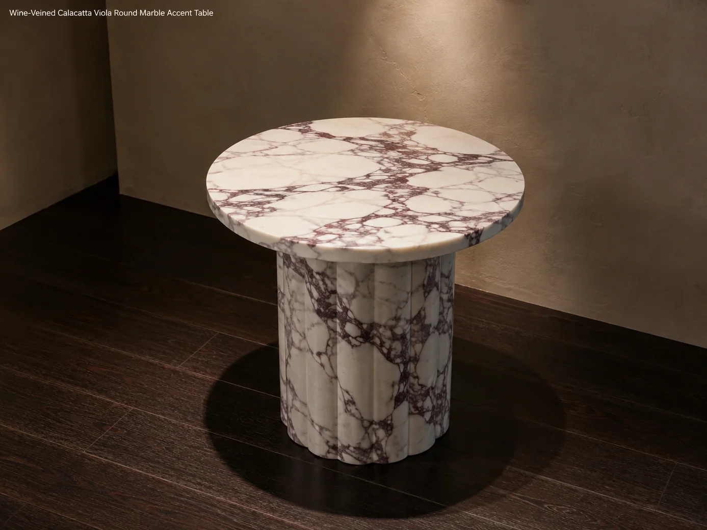 Wine-veined Calacatta Viola accent table viewed from the rear on dark espresso timber